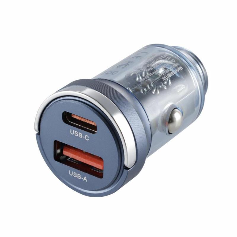 WAYME Ładowarka Samochodowa z Pierścieniem (USB-C PD 33W + USB 18W) – Transparentna Niebieska