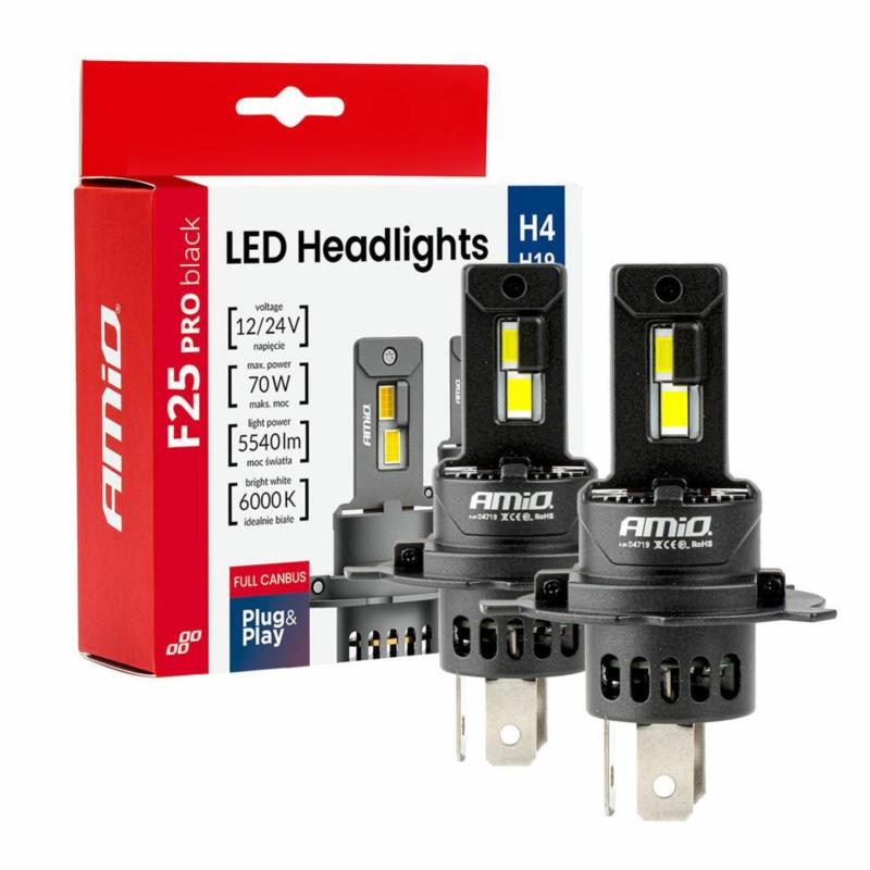 AMIO Żarówki samochodowe LED F25 PRO BLACK FULL CANBUS H4 H19 70W 12/24V