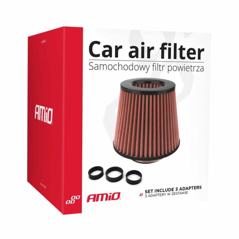 AMIO Filtr powietrza stożkowy uniwersalny czerwony/carbon + 3 adaptery | Sklep online Galonoleje.pl