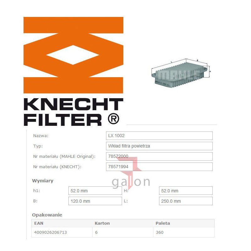 KNECHT FILTR POWIETRZA LX 1002 KNECHT FILTR POWIETRZA LX 1002