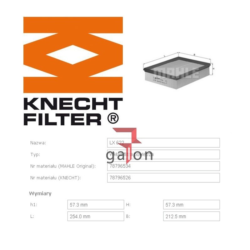 KNECHT FILTR POWIETRZA LX 622 KNECHT FILTR POWIETRZA LX 622