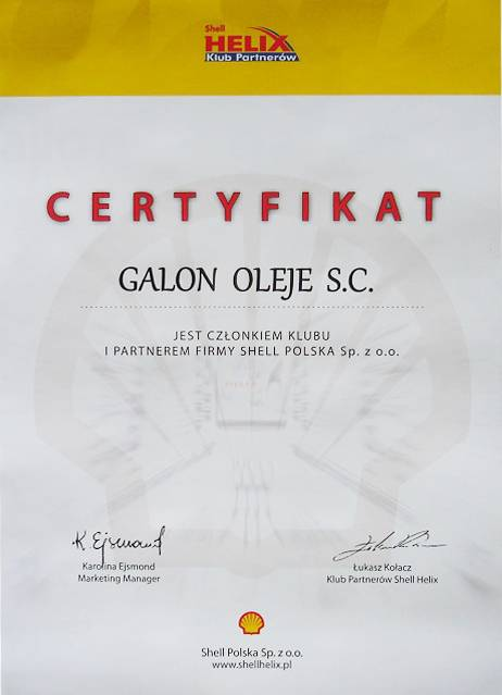 Certyfikat Shell - Galon Oleje Sp. z o.o.