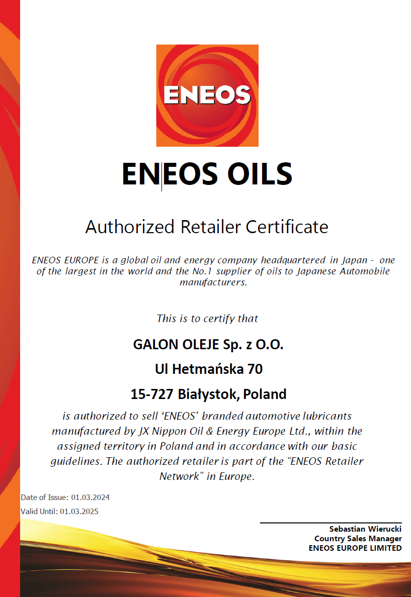 Certyfikat ENEOS OILS