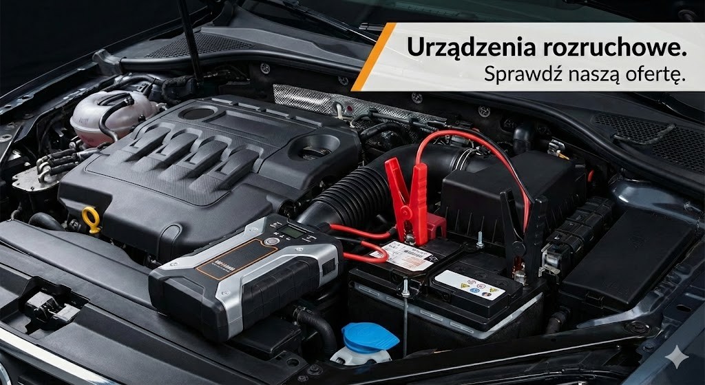 Kompaktowe urządzenie rozruchowe typu Jump Starter podłączone do akumulatora samochodowego